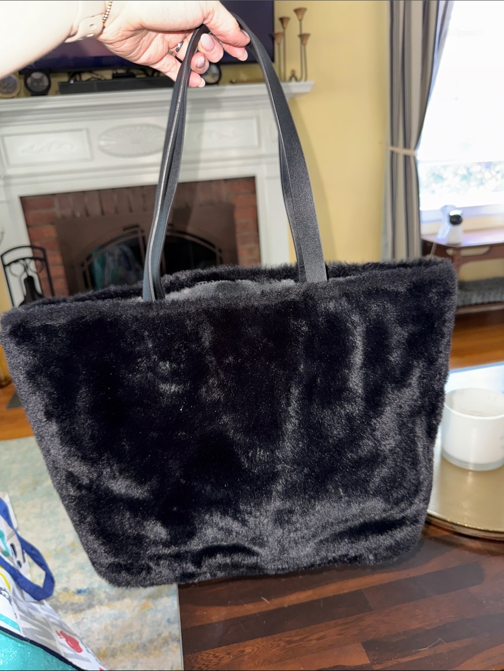 Faux Fur Black Tote Bag with Leather-Style Handles